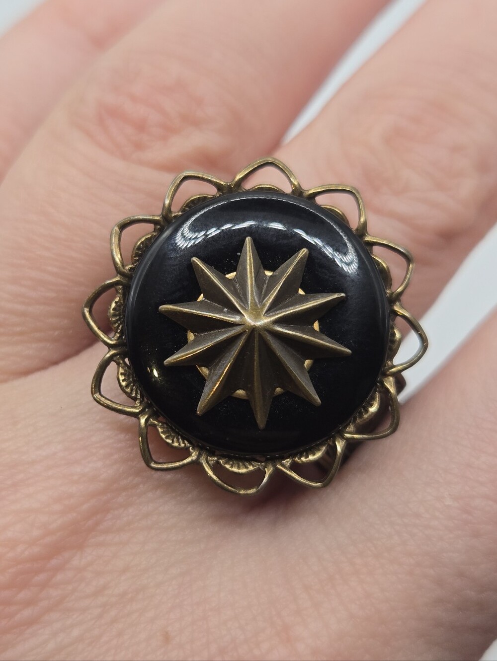 Jan Michaels Art-Deco Victorian Revival Aesthetic Ring Adjustable Vintage Brass